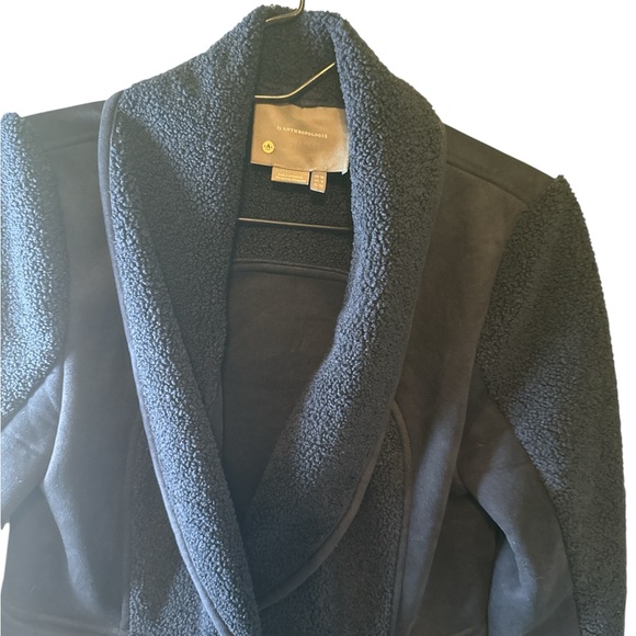 Anthropologie Navy Blue Long Sherpa Suede Coat One Button Front Pockets - Picture 5 of 6